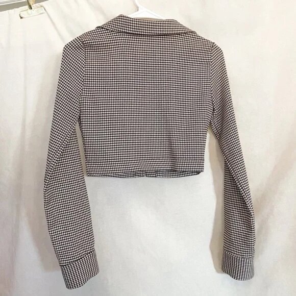 Zara Cropped Herringbone Houndstooth Black Cream Blazer Top S - Picture 3 of 9